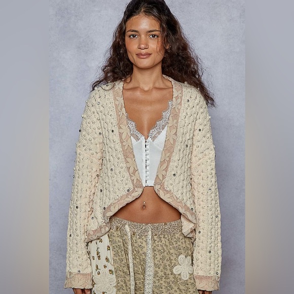 POL Cream Cable Knit Beaded Lace Cardigan - Picture 2 of 3